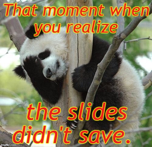 Panda Facepalm | That moment when you realize; the slides didn't save. | image tagged in panda facepalm | made w/ Imgflip meme maker