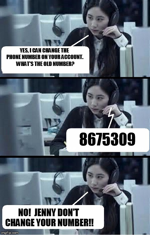 Call Center Rep | YES, I CAN CHANGE THE PHONE NUMBER ON YOUR ACCOUNT.  WHAT'S THE OLD NUMBER? 8675309; NO!  JENNY DON'T CHANGE YOUR NUMBER!! | image tagged in call center rep | made w/ Imgflip meme maker