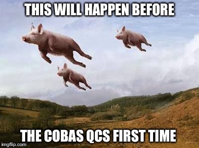 Pigs Fly | THIS WILL HAPPEN BEFORE; THE COBAS QCS FIRST TIME | image tagged in pigs fly | made w/ Imgflip meme maker