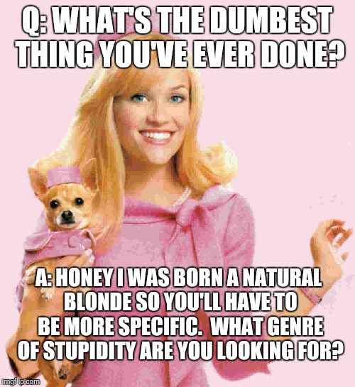 Blonde Genre | Q: WHAT'S THE DUMBEST THING YOU'VE EVER DONE? A: HONEY I WAS BORN A NATURAL BLONDE SO YOU'LL HAVE TO BE MORE SPECIFIC.  WHAT GENRE OF STUPIDITY ARE YOU LOOKING FOR? | image tagged in dumb blonde,blonde pun,blondes,blonde,funny,funny meme | made w/ Imgflip meme maker
