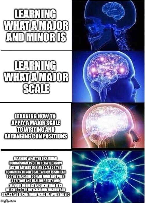 Expanding Brain Meme | LEARNING WHAT A MAJOR AND MINOR IS; LEARNING WHAT A MAJOR SCALE; LEARNING HOW TO APPLY A MAJOR SCALE TO WRITING AND ARRANGING COMPOSITIONS; LEARNING WHAT THE UKRAINIAN DORIAN SCALE IS OR OTHERWISE KNOW AS THE ALTERED DORIAN SCALE OR THE ROMAINIAN MINOR SCALE WHICH IS SIMILAR TO THE STANDARD DORIAN MODE BUT WITH A TRITONE AND VARIABLE SIXTH AND SEVENTH DEGREES, AND ALSO THAT IT IS RELATED TO THE FREYGISH AND MISHEBERAK SCALES AND IS COMMONLY USED IN JEWISH MUSIC | image tagged in memes,expanding brain | made w/ Imgflip meme maker