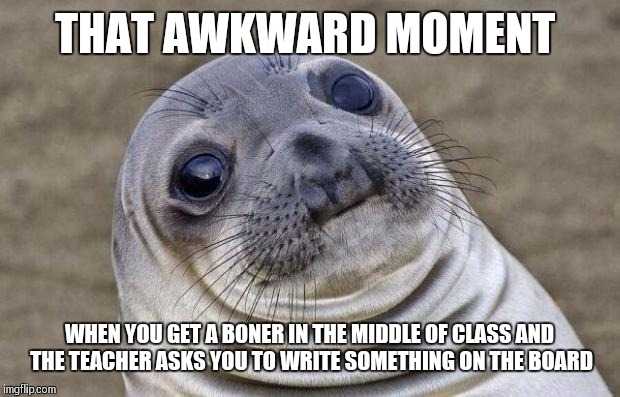 Guys relatable awkward moments |  THAT AWKWARD MOMENT; WHEN YOU GET A BONER IN THE MIDDLE OF CLASS AND THE TEACHER ASKS YOU TO WRITE SOMETHING ON THE BOARD | image tagged in memes,awkward moment sealion | made w/ Imgflip meme maker
