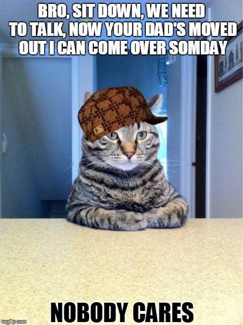 Take A Seat Cat Meme | BRO, SIT DOWN, WE NEED TO TALK, NOW YOUR DAD'S MOVED OUT I CAN COME OVER SOMDAY; NOBODY CARES | image tagged in memes,take a seat cat,scumbag | made w/ Imgflip meme maker