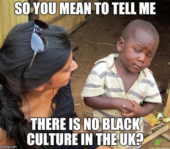 So you mean to tell me | SO YOU MEAN TO TELL ME; THERE IS NO BLACK CULTURE IN THE UK? | image tagged in so you mean to tell me | made w/ Imgflip meme maker