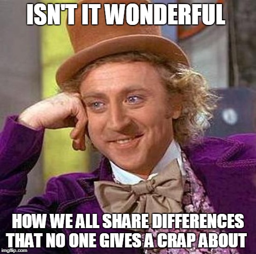 Creepy Condescending Wonka Meme | ISN'T IT WONDERFUL; HOW WE ALL SHARE DIFFERENCES THAT NO ONE GIVES A CRAP ABOUT | image tagged in memes,creepy condescending wonka | made w/ Imgflip meme maker