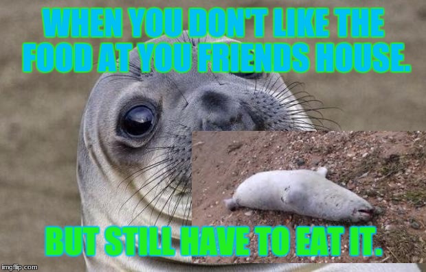 Awkward Moment Sealion | WHEN YOU DON'T LIKE THE FOOD AT YOU FRIENDS HOUSE. BUT STILL HAVE TO EAT IT. | image tagged in memes,awkward moment sealion | made w/ Imgflip meme maker