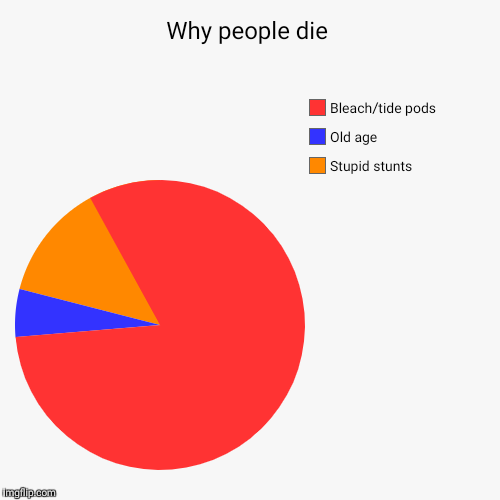 Why people die | Stupid stunts, Old age, Bleach/tide pods | image tagged in funny,pie charts | made w/ Imgflip chart maker