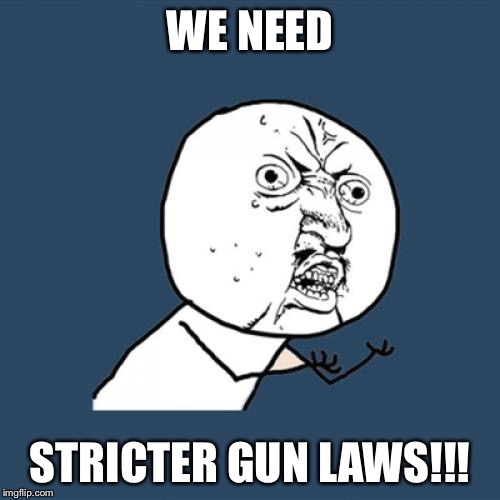 Y U No Meme | WE NEED; STRICTER GUN LAWS!!! | image tagged in memes,y u no | made w/ Imgflip meme maker