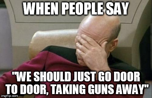 Captain Picard Facepalm Meme | WHEN PEOPLE SAY; "WE SHOULD JUST GO DOOR TO DOOR, TAKING GUNS AWAY" | image tagged in memes,captain picard facepalm | made w/ Imgflip meme maker