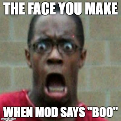 scared | THE FACE YOU MAKE; WHEN MOD SAYS "BOO" | image tagged in scared | made w/ Imgflip meme maker