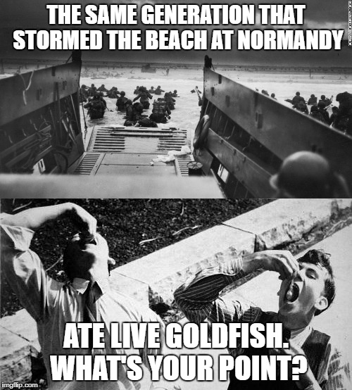 Worked up about Tide pods? | THE SAME GENERATION THAT STORMED THE BEACH AT NORMANDY; ATE LIVE GOLDFISH. WHAT'S YOUR POINT? | image tagged in tide pods | made w/ Imgflip meme maker