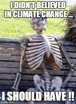 Waiting Skeleton | I DIDN'T BELIEVED IN CLIMATE CHANGE ... I SHOULD HAVE !! | image tagged in memes,waiting skeleton | made w/ Imgflip meme maker