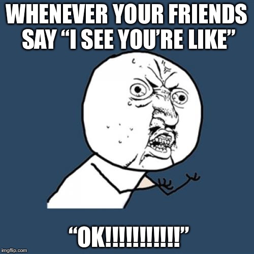 Y U No Meme | WHENEVER YOUR FRIENDS SAY “I SEE YOU’RE LIKE”; “OK!!!!!!!!!!!” | image tagged in memes,y u no | made w/ Imgflip meme maker