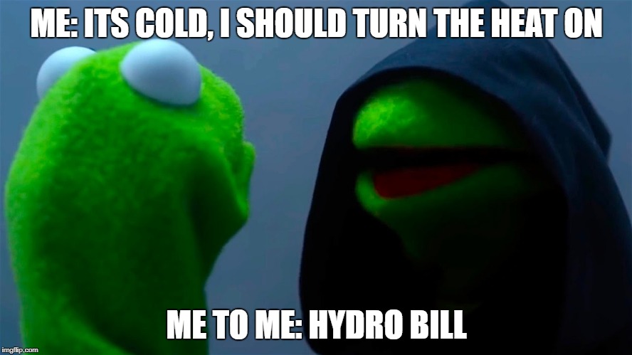 ME: ITS COLD, I SHOULD TURN THE HEAT ON; ME TO ME: HYDRO BILL | image tagged in hydro | made w/ Imgflip meme maker