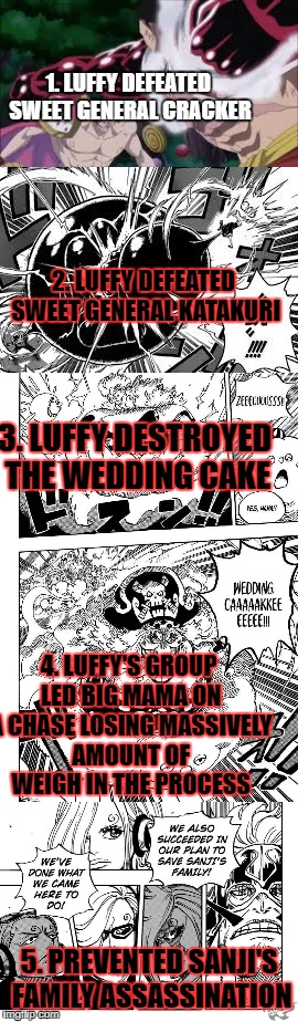 Top 5 Reasons Big Mama will be beyond piss off with Luffy & his crew | 1. LUFFY DEFEATED SWEET GENERAL CRACKER; 2. LUFFY DEFEATED SWEET GENERAL KATAKURI; 3. LUFFY DESTROYED THE WEDDING CAKE; 4. LUFFY'S GROUP LED BIG MAMA ON A CHASE LOSING MASSIVELY AMOUNT OF WEIGH IN THE PROCESS; 5. PREVENTED SANJI'S FAMILY ASSASSINATION | image tagged in one piece,defeat,emperor | made w/ Imgflip meme maker