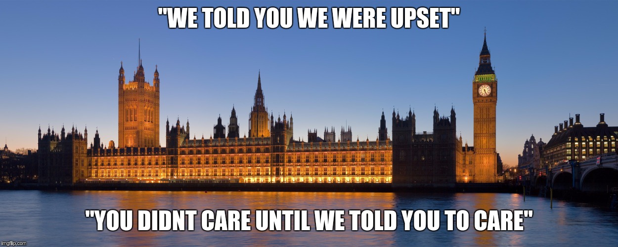 "WE TOLD YOU WE WERE UPSET"; "YOU DIDNT CARE UNTIL WE TOLD YOU TO CARE" | image tagged in parliament you didnt care until we told you to care | made w/ Imgflip meme maker