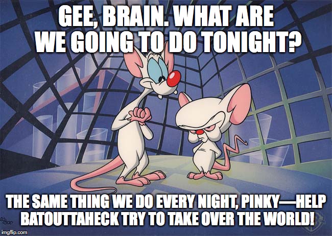 pinky and the brain | GEE, BRAIN. WHAT ARE WE GOING TO DO TONIGHT? THE SAME THING WE DO EVERY NIGHT, PINKY—HELP BATOUTTAHECK TRY TO TAKE OVER THE WORLD! | image tagged in pinky and the brain | made w/ Imgflip meme maker