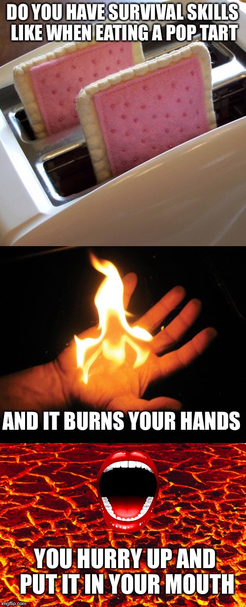 DO YOU HAVE SURVIVAL SKILLS LIKE WHEN EATING A POP TART; AND IT BURNS YOUR HANDS; YOU HURRY UP AND PUT IT IN YOUR MOUTH | image tagged in memes,pop tarts | made w/ Imgflip meme maker