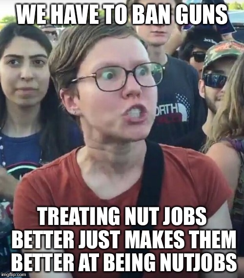 WE HAVE TO BAN GUNS TREATING NUT JOBS BETTER JUST MAKES THEM BETTER AT BEING NUTJOBS | made w/ Imgflip meme maker