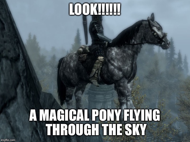 Look mom, I’m flying! | LOOK!!!!!! A MAGICAL PONY FLYING THROUGH THE SKY | image tagged in skyrim horse,skyrim meme | made w/ Imgflip meme maker