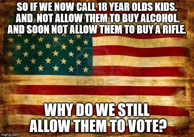 Old American Flag | SO IF WE NOW CALL 18 YEAR OLDS KIDS. AND  NOT ALLOW THEM TO BUY ALCOHOL. AND SOON NOT ALLOW THEM TO BUY A RIFLE. WHY DO WE STILL ALLOW THEM TO VOTE? | image tagged in old american flag | made w/ Imgflip meme maker