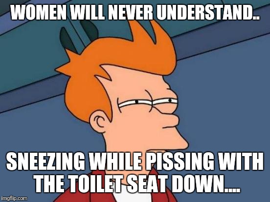 Futurama Fry Meme | WOMEN WILL NEVER UNDERSTAND.. SNEEZING WHILE PISSING WITH THE TOILET SEAT DOWN.... | image tagged in memes,futurama fry,funny memes,bad luck brian,batman slapping robin,one does not simply | made w/ Imgflip meme maker