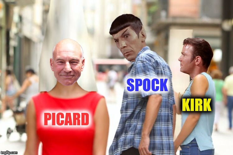 Bad Photoshop Sunday presents:  "After a time, you may find that having is not so pleasing a thing as wanting " | image tagged in bad photoshop sunday,mr spock,captain picard,captain kirk,distracted vulcan | made w/ Imgflip meme maker
