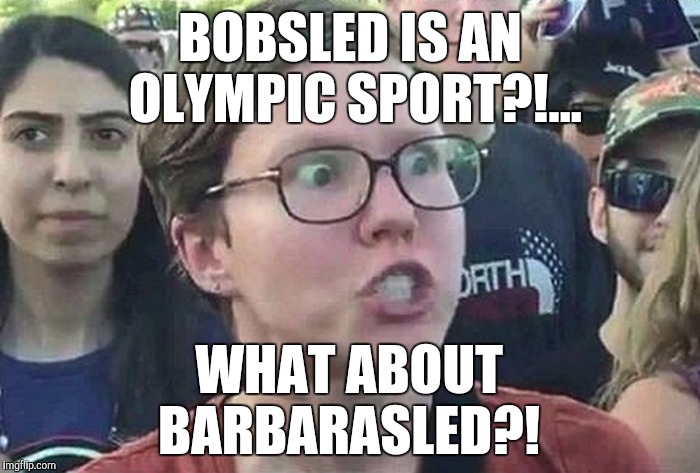 Triggered Liberal | BOBSLED IS AN OLYMPIC SPORT?!... WHAT ABOUT BARBARASLED?! | image tagged in triggered liberal | made w/ Imgflip meme maker
