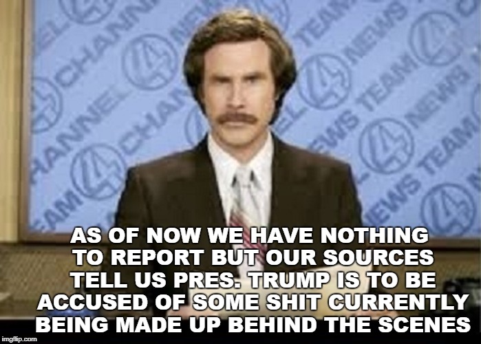 Ron real news | AS OF NOW WE HAVE NOTHING TO REPORT BUT OUR SOURCES TELL US PRES. TRUMP IS TO BE ACCUSED OF SOME SHIT CURRENTLY BEING MADE UP BEHIND THE SCENES | image tagged in funny,fake,news | made w/ Imgflip meme maker