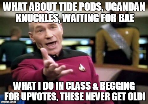 Picard Wtf Meme | WHAT ABOUT TIDE PODS, UGANDAN KNUCKLES, WAITING FOR BAE WHAT I DO IN CLASS & BEGGING FOR UPVOTES, THESE NEVER GET OLD! | image tagged in memes,picard wtf | made w/ Imgflip meme maker
