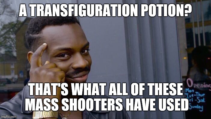 Roll Safe Think About It Meme | A TRANSFIGURATION POTION? THAT'S WHAT ALL OF THESE MASS SHOOTERS HAVE USED | image tagged in memes,roll safe think about it | made w/ Imgflip meme maker