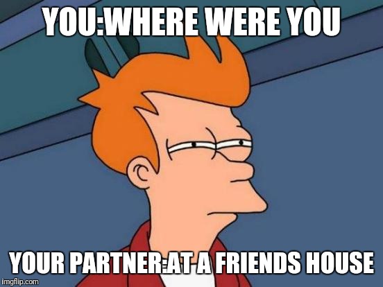 Futurama Fry Meme | YOU:WHERE WERE YOU; YOUR PARTNER:AT A FRIENDS HOUSE | image tagged in memes,futurama fry | made w/ Imgflip meme maker