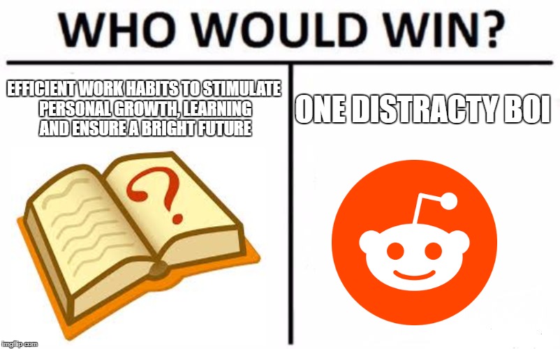 Who Would Win? | EFFICIENT WORK HABITS TO STIMULATE PERSONAL GROWTH, LEARNING AND ENSURE A BRIGHT FUTURE; ONE DISTRACTY BOI | image tagged in memes,who would win | made w/ Imgflip meme maker