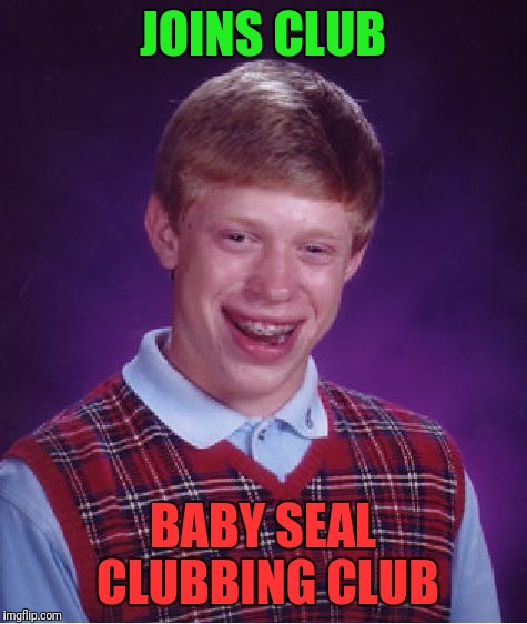 A new episode of, "Bad Luck Brian does something awful by accident"  | JOINS CLUB; BABY SEAL CLUBBING CLUB | image tagged in memes,bad luck brian | made w/ Imgflip meme maker