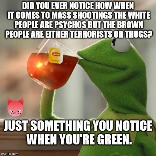 But That's None Of My Business | DID YOU EVER NOTICE HOW WHEN IT COMES TO MASS SHOOTINGS THE WHITE PEOPLE ARE PSYCHOS BUT THE BROWN PEOPLE ARE EITHER TERRORISTS OR THUGS? JUST SOMETHING YOU NOTICE WHEN YOU'RE GREEN. | image tagged in memes,but thats none of my business,kermit the frog | made w/ Imgflip meme maker