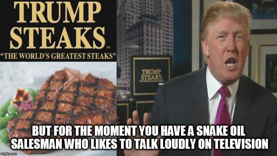 BUT FOR THE MOMENT YOU HAVE A SNAKE OIL SALESMAN WHO LIKES TO TALK LOUDLY ON TELEVISION | made w/ Imgflip meme maker