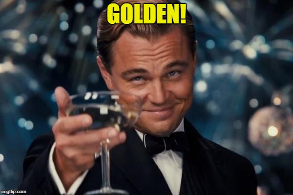 Leonardo Dicaprio Cheers Meme | GOLDEN! | image tagged in memes,leonardo dicaprio cheers | made w/ Imgflip meme maker