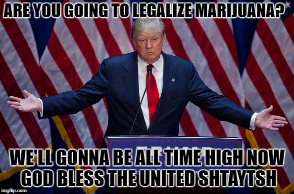 Donald Trump | ARE YOU GOING TO LEGALIZE MARIJUANA? WE'LL GONNA BE ALL TIME HIGH
NOW GOD BLESS THE UNITED SHTAYTSH | image tagged in donald trump | made w/ Imgflip meme maker