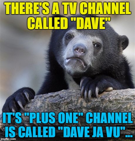 Confession Bear Meme | THERE'S A TV CHANNEL CALLED "DAVE" IT'S "PLUS ONE" CHANNEL IS CALLED "DAVE JA VU"... | image tagged in memes,confession bear | made w/ Imgflip meme maker