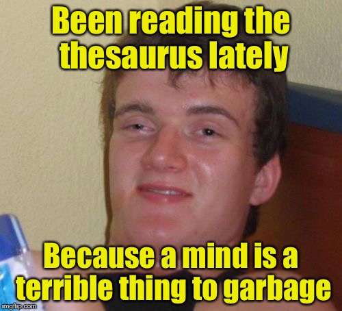 10 Guy Meme | Been reading the thesaurus lately; Because a mind is a terrible thing to garbage | image tagged in memes,10 guy | made w/ Imgflip meme maker