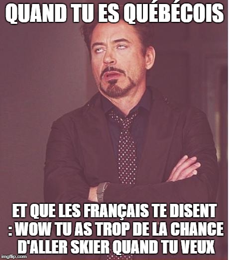 Face You Make Robert Downey Jr Meme | QUAND TU ES QUÉBÉCOIS; ET QUE LES FRANÇAIS TE DISENT : WOW TU AS TROP DE LA CHANCE D'ALLER SKIER QUAND TU VEUX | image tagged in memes,face you make robert downey jr | made w/ Imgflip meme maker