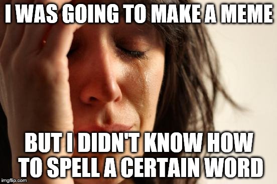 First World Problems Meme | I WAS GOING TO MAKE A MEME; BUT I DIDN'T KNOW HOW TO SPELL A CERTAIN WORD | image tagged in memes,first world problems | made w/ Imgflip meme maker