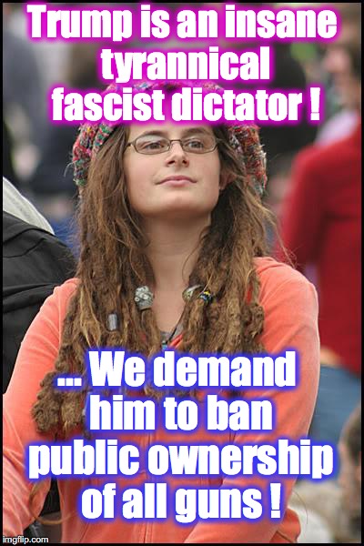 Bad Argument Hippie | Trump is an insane tyrannical fascist dictator ! ... We demand him to ban public ownership of all guns ! | image tagged in bad argument hippie | made w/ Imgflip meme maker
