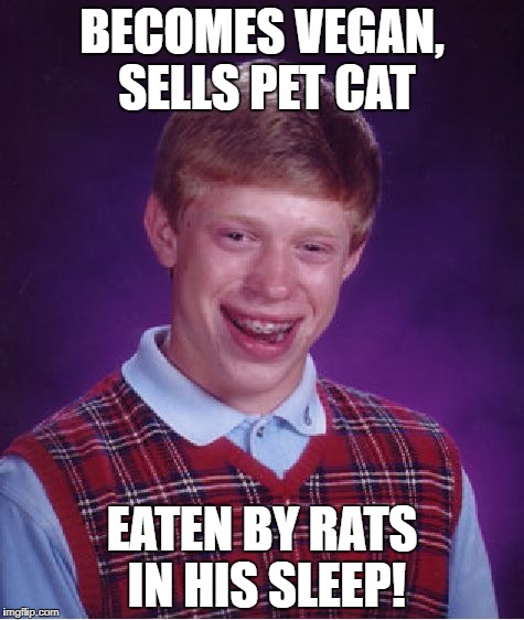 Bad Luck Brian Meme | BECOMES VEGAN, SELLS PET CAT EATEN BY RATS IN HIS SLEEP! | image tagged in memes,bad luck brian | made w/ Imgflip meme maker