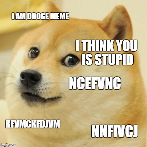 Doge Meme | I AM DOOGE MEME; I THINK YOU IS STUPID; NCEFVNC; KFVMCKFDJVM; NNFIVCJ | image tagged in memes,doge | made w/ Imgflip meme maker