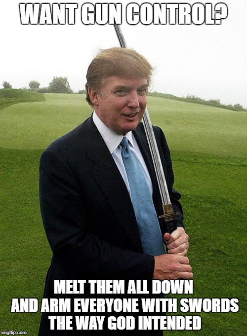 Want gun control? | WANT GUN CONTROL? MELT THEM ALL DOWN AND ARM EVERYONE WITH SWORDS THE WAY GOD INTENDED | image tagged in trump sword,swords,guns,gun control | made w/ Imgflip meme maker