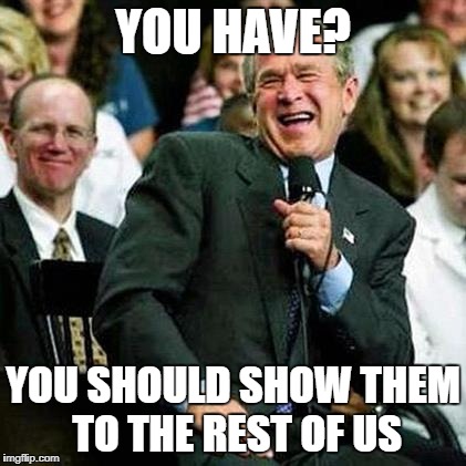 Bush thinks its funny | YOU HAVE? YOU SHOULD SHOW THEM TO THE REST OF US | image tagged in bush thinks its funny | made w/ Imgflip meme maker