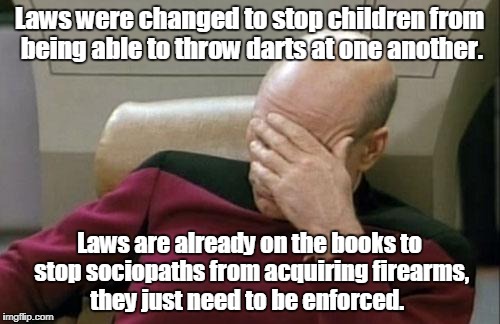 Captain Picard Facepalm Meme | Laws were changed to stop children from being able to throw darts at one another. Laws are already on the books to stop sociopaths from acqu | image tagged in memes,captain picard facepalm | made w/ Imgflip meme maker
