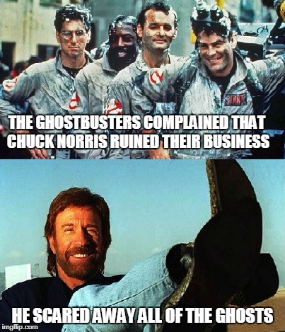 Ghostbusters Chuck Norris | THE GHOSTBUSTERS COMPLAINED THAT CHUCK NORRIS RUINED THEIR BUSINESS; HE SCARED AWAY ALL OF THE GHOSTS | image tagged in ghostbusters,chuck norris,memes,funny,ghost | made w/ Imgflip meme maker
