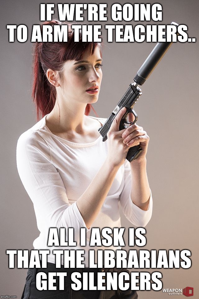 If We're Going to Arm the Teachers.. | IF WE'RE GOING TO ARM THE TEACHERS.. ALL I ASK IS THAT THE LIBRARIANS GET SILENCERS | image tagged in teachers,guns,teachers with guns | made w/ Imgflip meme maker
